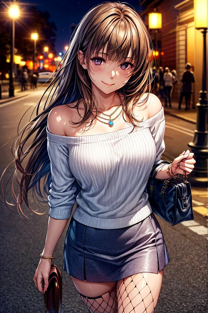 (Masterpiece:1.5, Highest quality, Realistic:1.2), Beautiful illustrations, (Natural Side Lighting, Cinema Lighting), , View your viewers, 1 person, Japanese, Beautiful adult woman:24-years-old, Perfect Face, Cute and symmetrical face, Glowing Skin, (Long Hair:1.5, Straight hair:1.4, Light brown hair), Blunt bangs, Swept-apart bangs, Big eyes, Droopy eyes, Purple eyes, Long eyelashes, (Medium chest), thin, Beautiful Hair, Beautiful Face, Beautiful attention to detail, Beautiful clavicle, Beautiful body,Beautiful thighs, Beautiful feet, Beautiful fingers, ((Off-the-shoulder knit、1 handbag、Diamond Necklace、mini skirt、Fishnet tights)), smile,, Beautiful views, evening, (Outdoor:On a large bridge:Street lamp),, Are standing, (かわいらしいsmile, Upward glance),