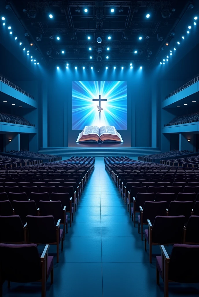 A very huge and wide rectangualar meeting hall, with many rows and Columns of chairs devided with 3 walk ways, dark blue and white light in the building,ceiling with many spot lights, A wide Huge stage at a far end, background of the stage "a full screen shoing A light shining out from a bible cross on the top of the bible and a dove on the top of the cross", t