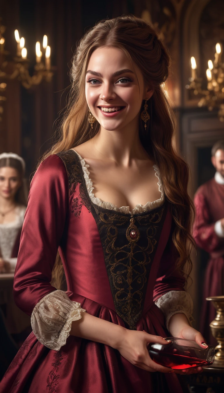 a beautiful mean girl, highly detailed, photorealistic, spilling red wine on purpose, malicious expression, narrow eyes, cruel smile, elegant dress, long hair, mocking servants, ornate interior, dramatic lighting, Renaissance style