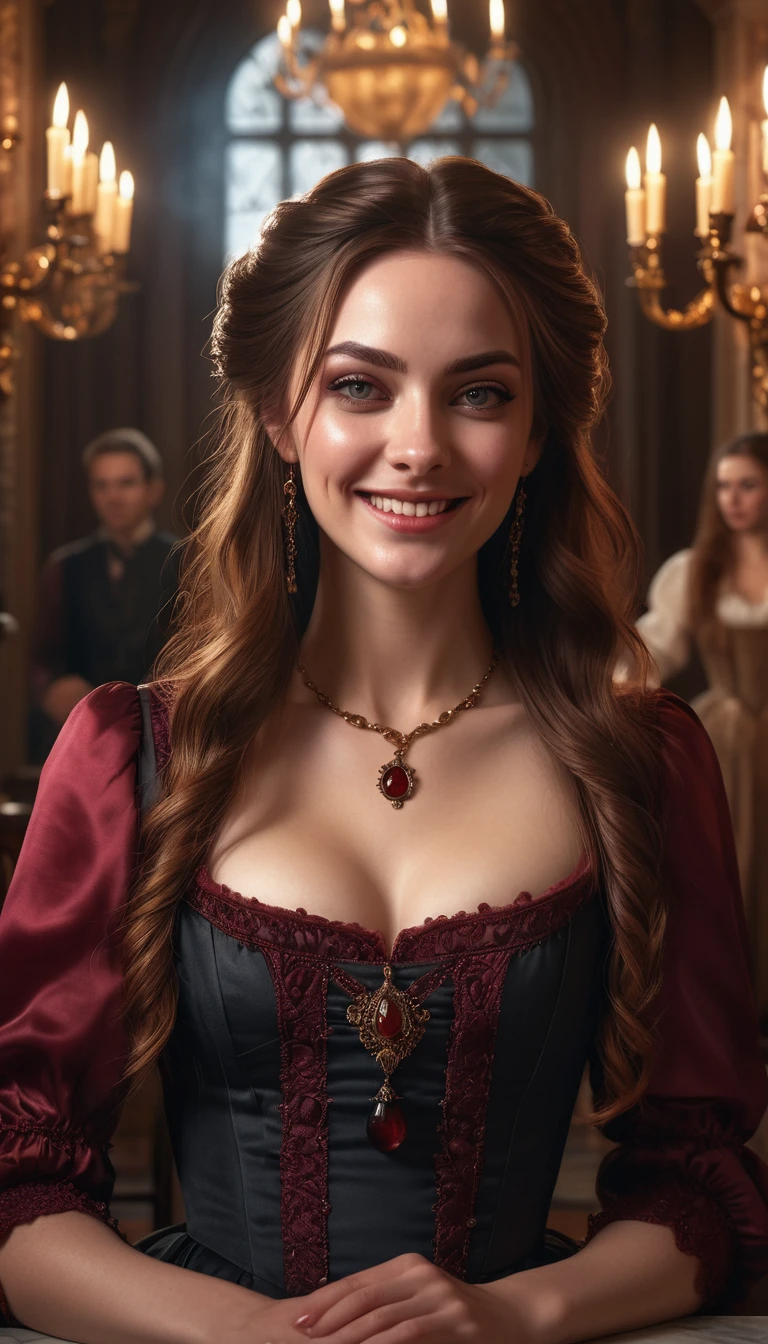 a beautiful mean girl, highly detailed, photorealistic, spilling red wine on purpose, malicious expression, narrow eyes, cruel smile, elegant dress, long hair, mocking servants, ornate interior, dramatic lighting, Renaissance style
