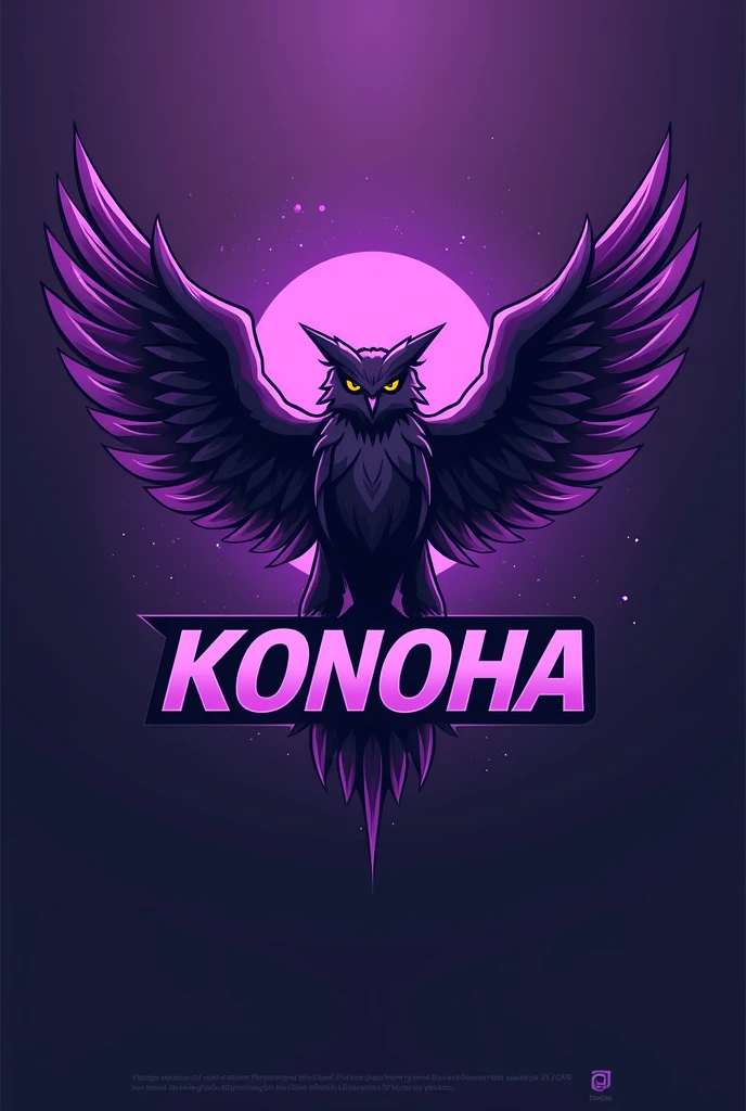 Create an esports logo with the name KONOHA on the body and a purple owl silhouette with its wing spread 