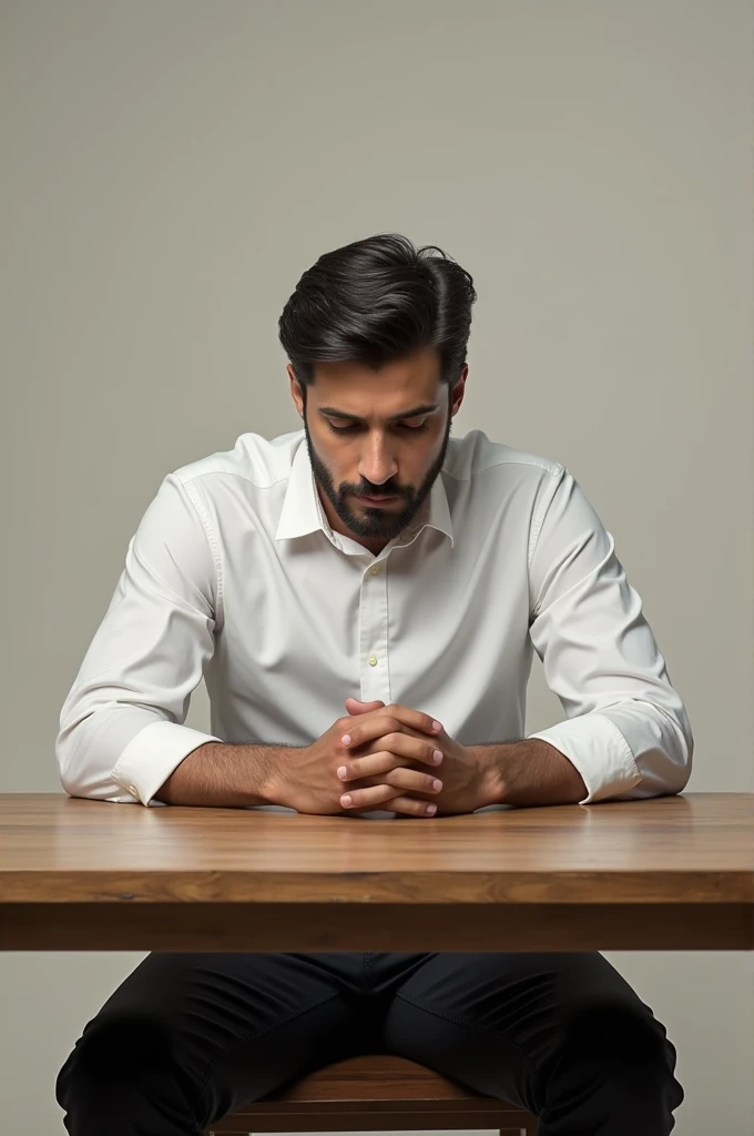 The man sits in front of a table