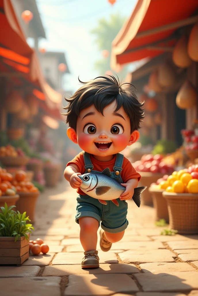 cute real baby running holding a fish in the market