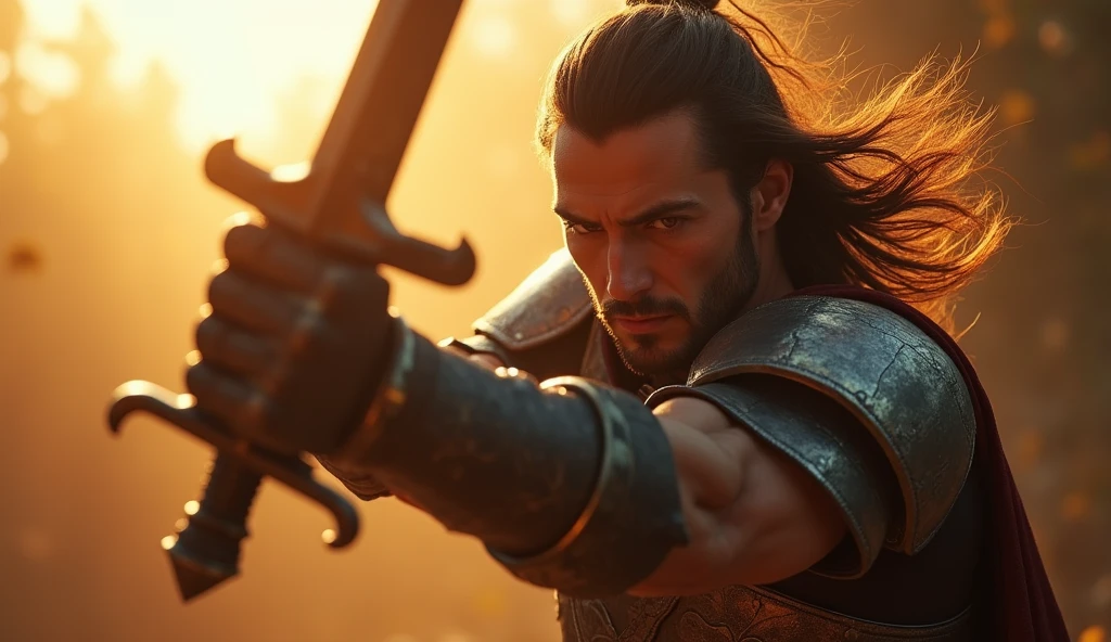 "(masterpiece, best quality:1.5), (dramatic lighting:1.4), ((close-up focus on protagonist)), (highly detailed:1.3), (epic action scene:1.4), protagonist preparing to swing sword vertically with immense force, powerful stance, intense facial expression, (armor glinting in the sunlight:1.2), (dynamic pose:1.3), wind blowing through hair, muscles tensed, ((hyper-realistic textures)), (8k resolution), Unreal Engine, (cinematic lighting), (epic scale:1.5)"