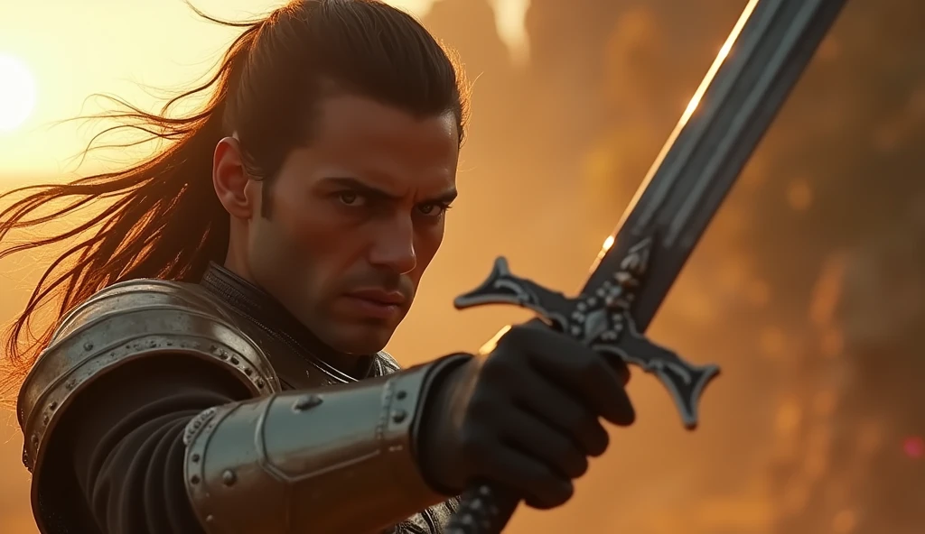 "(masterpiece, best quality:1.5), (dramatic lighting:1.4), ((close-up focus on protagonist)), (highly detailed:1.3), (epic action scene:1.4), protagonist preparing to swing sword vertically with immense force, powerful stance, intense facial expression, (armor glinting in the sunlight:1.2), (dynamic pose:1.3), wind blowing through hair, muscles tensed, ((hyper-realistic textures)), (8k resolution), Unreal Engine, (cinematic lighting), (epic scale:1.5)"