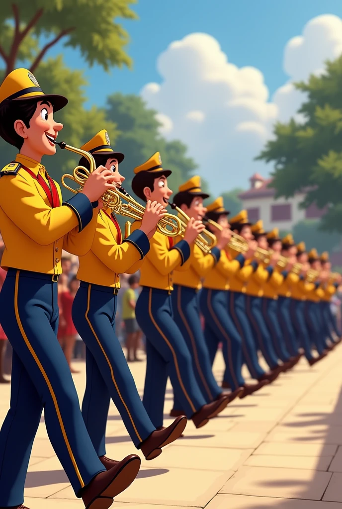 a marching band, and the people with the instruments in their hands playing and they were all in a row and their clothes were yellow with dark blue and the image was in the form of a Disney cartoon