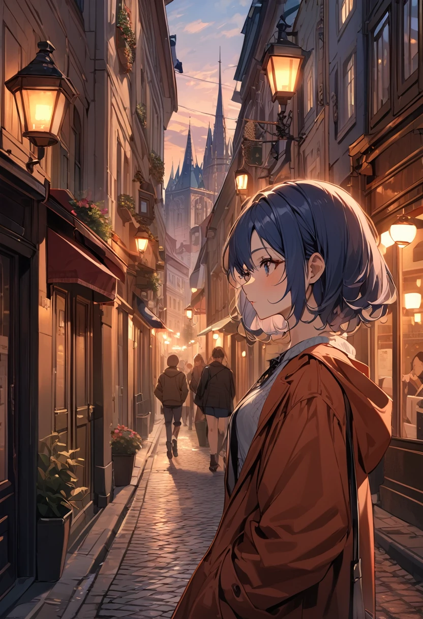 (masterpiece, best quality),sightseeing,a cute girl walking down street with a tree, budapest street background, streets of heidelberg, at dusk, streetscape, outdoors european,  photograph, detailed, BREAK (girl,yo,detailed face,(darkblue hair, wavy-short hair),eyebrows,middle small breasts),look away,