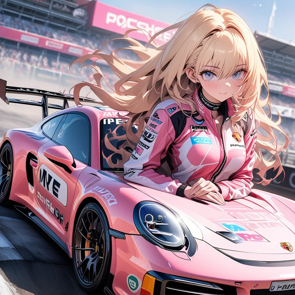 High resolution digital CG image, a beautiful futuristic girl is posing in front of a Porsche 911 ,The girl has long hair with a mixture of blonde hair and blue eye.She is wearing a pink racing suit with mecha-style decorations, and there are many sponsor logos on the suit.The pink color racing car is a Porsche 911 car ,circuit starting grid background, (holding a full face type pink helmet under her arm :1.2)、striking a cool pose next to her car.、Cybertic expression of the future, the texture of beautiful hair, the luster of skin, the beauty of eyes, the luster and texture of a racing suit, the beauty of the racing car body and mechanical expression,(master piece4k, 8k,best quality1.2)ultra detail