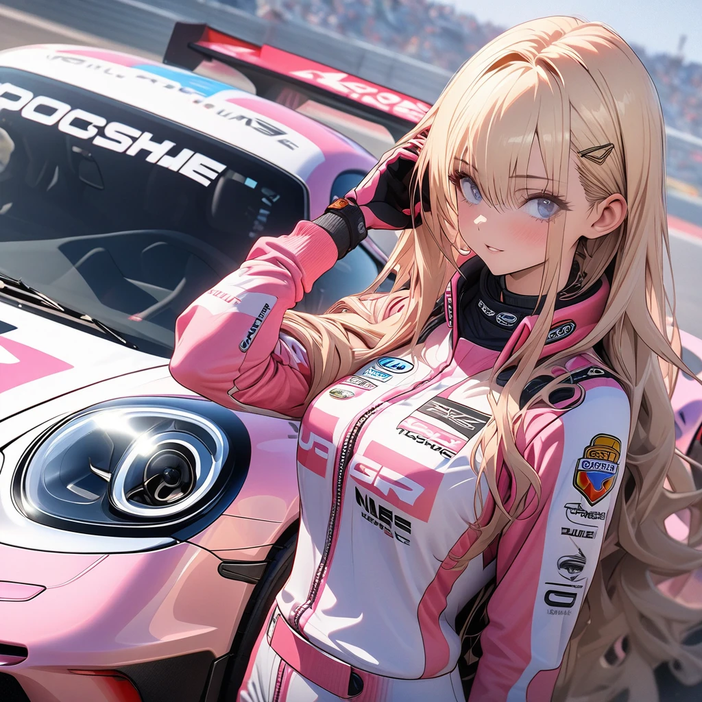 High resolution digital CG image, a beautiful futuristic girl is posing in front of a Porsche 911 ,The girl has long hair with a mixture of blonde hair and blue eye.She is wearing a pink racing suit with mecha-style decorations, and there are many sponsor logos on the suit.The pink color racing car is a Porsche 911 car ,circuit starting grid background, (holding a full face type pink helmet under her arm :1.2)、striking a cool pose next to her car.、Cybertic expression of the future, the texture of beautiful hair, the luster of skin, the beauty of eyes, the luster and texture of a racing suit, the beauty of the racing car body and mechanical expression,(master piece4k, 8k,best quality1.2)ultra detail