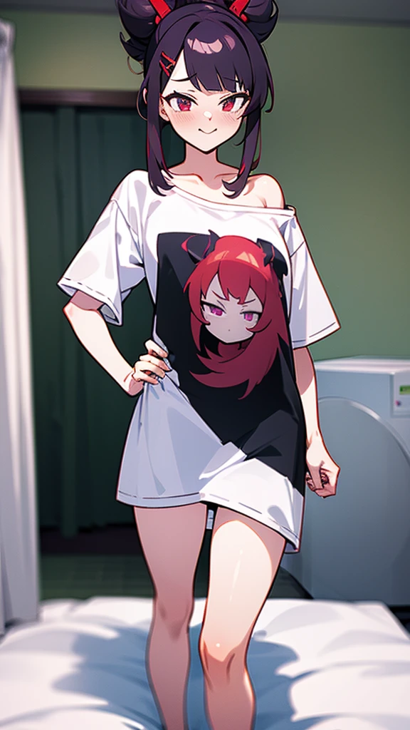 High tail hairstyle, one Ponytail hairstyle, Ponytail hairstyle,white hair, Long wavy black hair, standing posando, anime girl style, pixel art anime style,penetrating look with deep eyes,red and purple eyes, hair with a ponytail hairstyle trapped with a big red bun, women, red hair clips, x color shaped hair clips , smiling face blush, next to his bed, Black hair, thighs grandes, NSFW, from below, neckline, looking at the viewer, lascivious smile, ((oversized t-shirt)), off the shoulders, without pants, washing machines, thighs, ((White T-shirt)), standing, hands on the hips,Hair down to the back