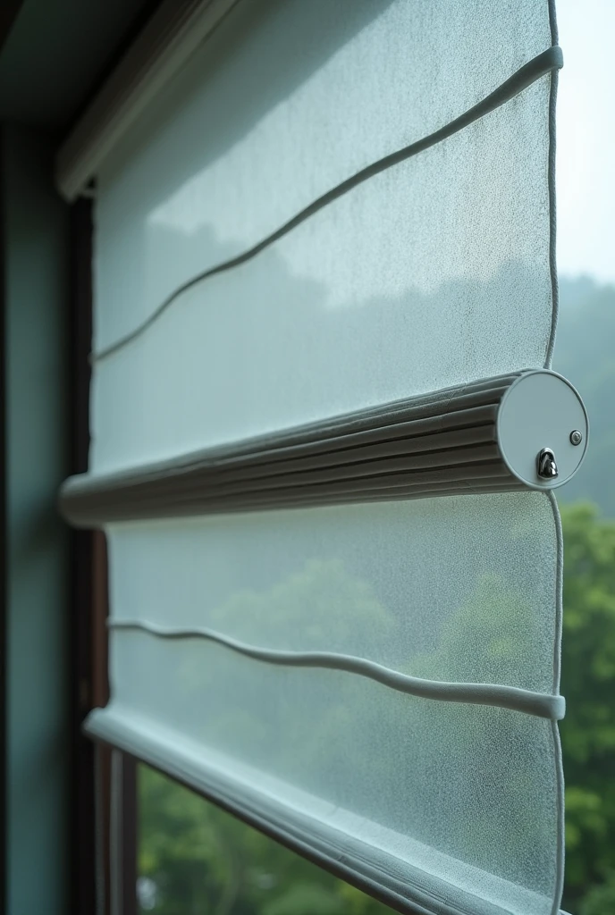 Generate an image of a monsoon blind in the Roman fold style. The blind should feature horizontal pleats that fold neatly when raised, made of water-resistant fabric to handle monsoon weather. The design should be simple and elegant, with subtle Roman-inspired patterns, and the scene should depict the blind partially lowered, with rain visible outside.
1. Material and Texture: Monsoon blinds are usually made of heavy-duty, water-resistant materials like PVC plastic The texture might appear slightly glossy or matte.

2. Color: Monsoon blinds are often transparent . They might also be in light shades to blend with outdoor settings.

3.Transparency: Some monsoon blinds are semi-transparent, allowing light to filter through while still providing protection from rain and have transparent view for the background.
4.Edges and Fastenings: The edges of the blinds should have reinforced seams,the blinds should be, often with eyelets for hooks or ties. They might also include steel wires attach to ground from ties. 

5. Installation: Monsoon blinds are typically installed in outdoor settings, like patios or balconies. You might want to depict them hanging from a structure, with visible ropes or hooks securing them at the bottom from top. 

6. Background and Environment: The surroundings could include rain cloudy skies, as monsoon blinds are used during the rainy season.