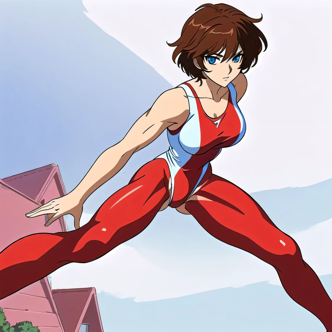 masterpiece, Highest quality, High resolution, A close-up of a woman with short brown hair, A woman with blue eyes, solo, Big Breasts, A woman with very large breasts, Made by Anime Artist Studio, Boobs, clothing:Red leotard, A woman is standing, leotard with an red, Anime Style, Muscular Woman, feminine and muscular, Skin-tight leotards, tall, High school girls, Adult sex appeal, Wore pantyhose, Anime dick!!!!, Skin tight pantyhose, leotard top with an tank top, leotard bottom with an high leg,pantyhose with an black, Bare shoulders, Bare Arms, Leotard and pantyhose only, Cowboy Shot, looking at viewer, Female focus,