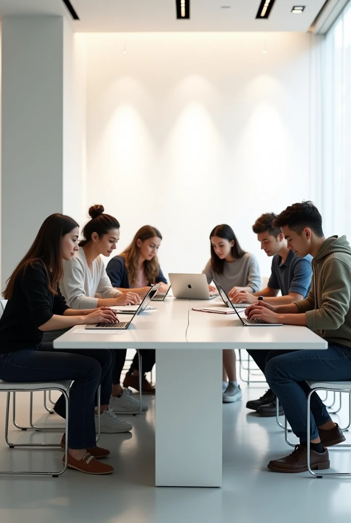 People at a minimalist table at a college called ESAMC with cell phones, tablets, notebooks from apple