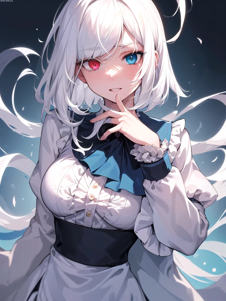 portrait, (dynamic shot), masterpiece, best quality, absurdres, very aesthetic, detailed illustration, 8K UHD, BREAK(solo, white hair, bobbed_hair, medium_hair, flipped hair, elegant face, ((heterochromia:1.1)), g cup breast), BREAK(right golden eye:1.2, left light blue eye), (((school uniform, ruffle blouse))), shiny skin, oily skin, slim body