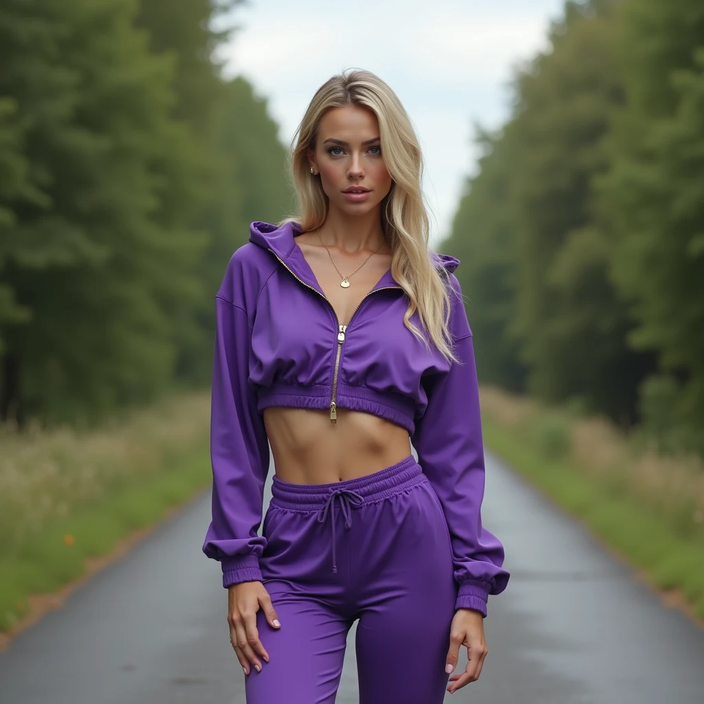 hyperealistic photo A full body shot of a beautiful blonde woman wearing a violet tracksuit, including a cropped hoodie with golden necklace and sweatpants, paired with white sneakers. She is posing for a photo in front of a Country road . Realistic, detailed. ultra-realistic photograph captured, high-resolution quality ,detailed face, 8k