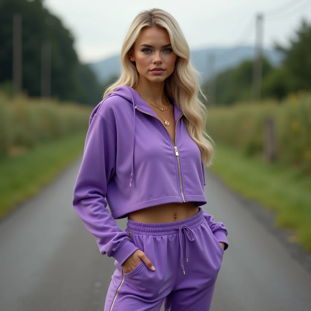 hyperealistic photo A full body shot of a beautiful blonde woman wearing a violet tracksuit, including a cropped hoodie with golden necklace and sweatpants, paired with white sneakers. She is posing for a photo in front of a Country road . Realistic, detailed. ultra-realistic photograph captured, high-resolution quality ,detailed face, 8k