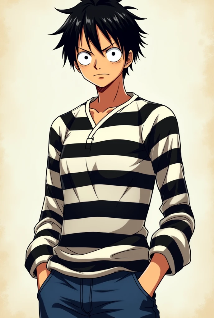 Monkey D. Luffy in prison uniform long sleeve black and white stripes front and back Original anime One Piece