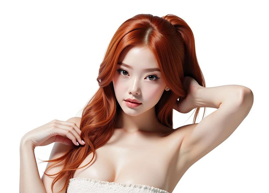 hyper-realistic photo of a woman with (((Red hair))), shown from the bust up, (((8))), with the entire upper body fully visible within the frame. Her hair must be extremely voluminous(((Red hair))), well maintained and perfectly styled. Make sure the woman is portrayed with a clear and natural expression. (((white background))), No details or distractions, just a smooth white surface. The entire upper body of the woman should be fully visible, without any part cut off. (((white background))) Use soft, flat lighting to highlight the texture and shine of her hair and skin.(((Red hair))). The photo must be ultra photorealistic, (((white background))), clear as crystal, 8K  UHD, with fine details and a high quality polished finish. Make sure the entire image is sharp and in focus., no blur or softness. Use the lens at its widest aperture to achieve maximum sharpness and ensure that every detail in the image is perfectly clear and in focus..