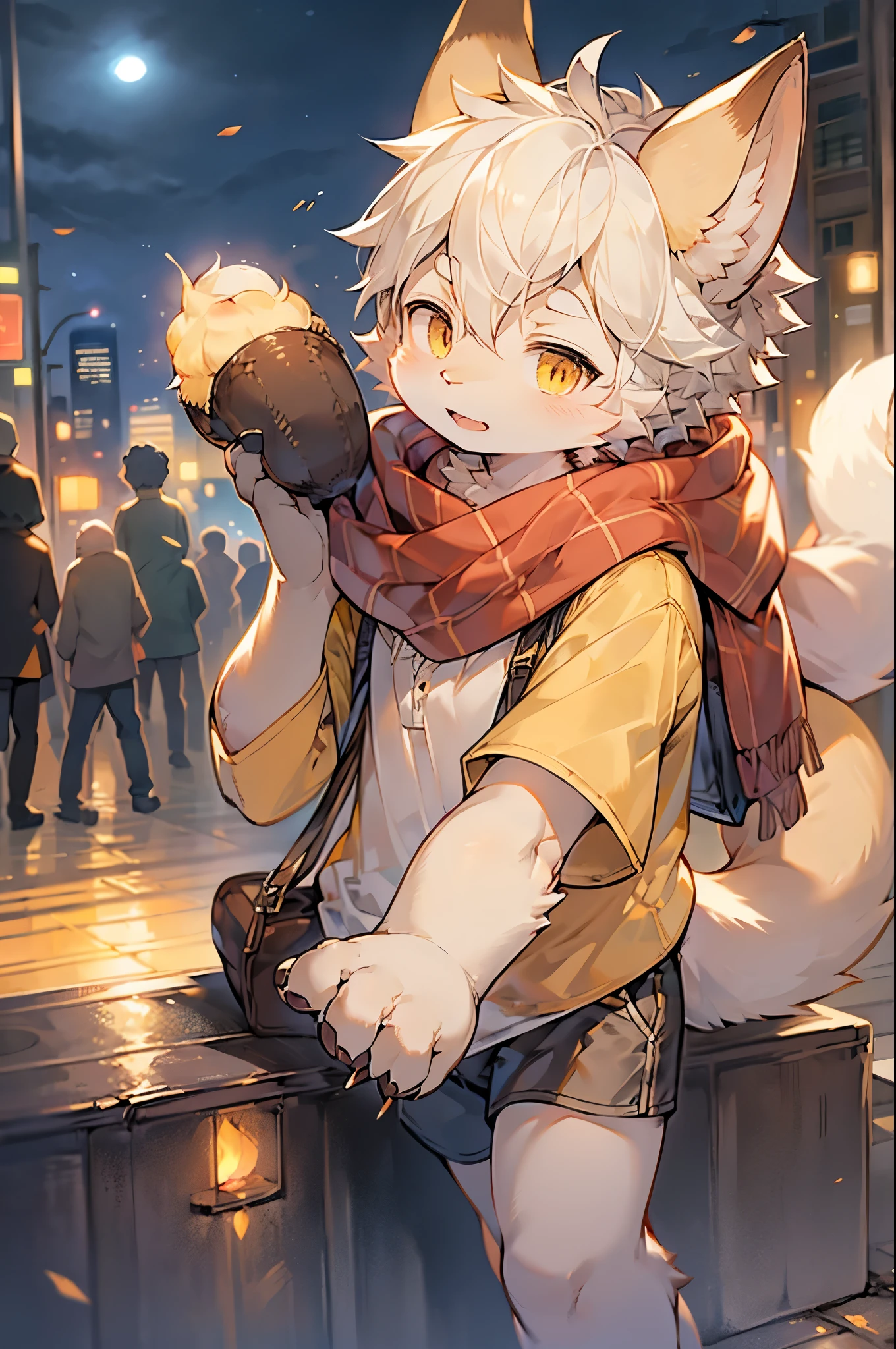 Fox Boy，Furry boys，Infant and child characteristics，White hair，Yellow skin，White Arm，scarf，Short sleeve，shorts，City bright background