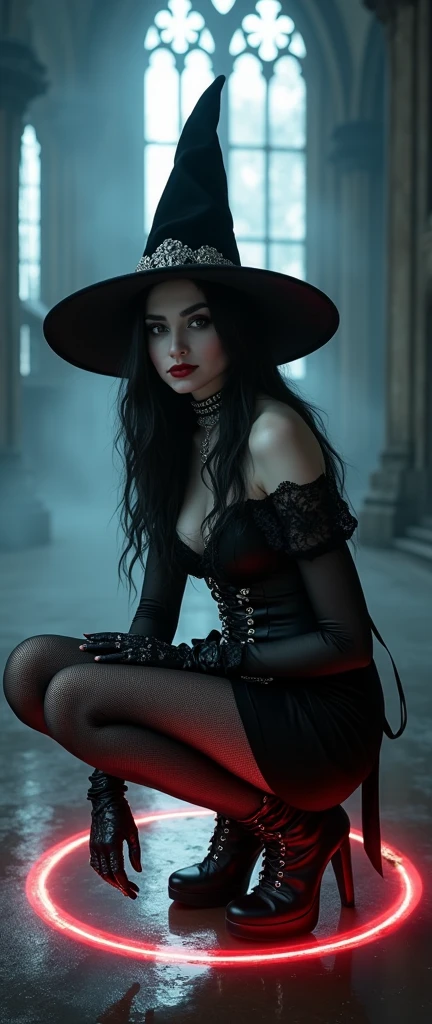 a stylish emo pale witch gothic woman wickes smile evil smirk crouched in dark foggy enchanted forest around glowing vex hex , witch hat, black velvets, lace, fishnets and leather tinged with scarlet or purple, accessorized with tightly laced corsets, gloves, platform boots and silver jewellery depicting occult themes elegantly quaint in black sludge morbid, fashion and style of dress, typical gothic fashion includes black dyed hair and black clothes wear dark eyeliner, dark nail polish and lipstick, and dramatic makeup (best quality,4k,8k,highres,masterpiece:1.2),ultra-detailed,(realistic,photorealistic,photo-realistic:1.37),HDR,UHD,studio lighting,ultra-fine painting,sharp focus,physically-based rendering,extreme detail description,professional,bokeh,portrait,high fashion,elegant,glamorous,cinematic,dramatic lighting,moody,mysterious,sensual,sophisticated