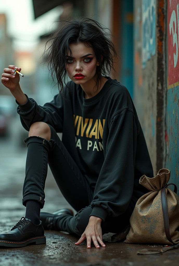 create an image of a hideous transvestite with huge eyes sitting on the floor with a cigarette in her hand and standing on the corner with a bag and a shirt that says vivian da pan 