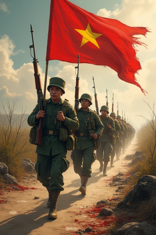 The Vietnamese army went, united in saving the country, footsteps echo on the bumpy road far away, flags printed with the blood of victory carry the soul of the country, guns in the distance intermingle with the marching song, the road to glory is built with the corpses of the enemy, overcoming hardships, together we establish a war zone, fighting tirelessly for the people, advancing quickly to the battlefield!
Go ahead, let's go together!
Our Vietnam is a strong country..
sửa
The Vietnamese army went, The golden star flutters, leading the homeland through hardship. Together we strive to build a new life.,
Stand up and break the chains.
For how long have I swallowed my hatred, determined to sacrifice my life to make it brighter?.
Vì nhân dân chiến đấu không ngừng
Tiến mau ra sa trường
Go ahead, let's go together!
Our Vietnam is a strong country.