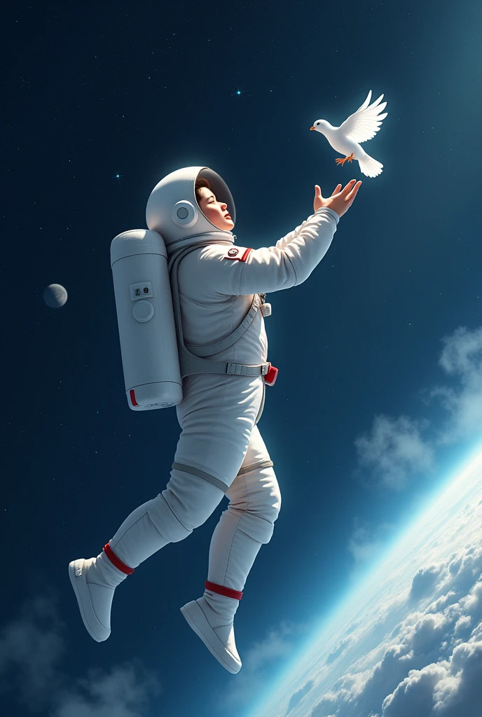Am astronaut floating in space, he has stretched one of his hand to reach out a small white dove, there are stars behind the astronaut in the background like small white dots . There's also space clouds behind the astronaut. And there's the moon beneath him. The astronauts legs and hands are not closed to his body , he is open , he is free, he is floating , he's in peace.