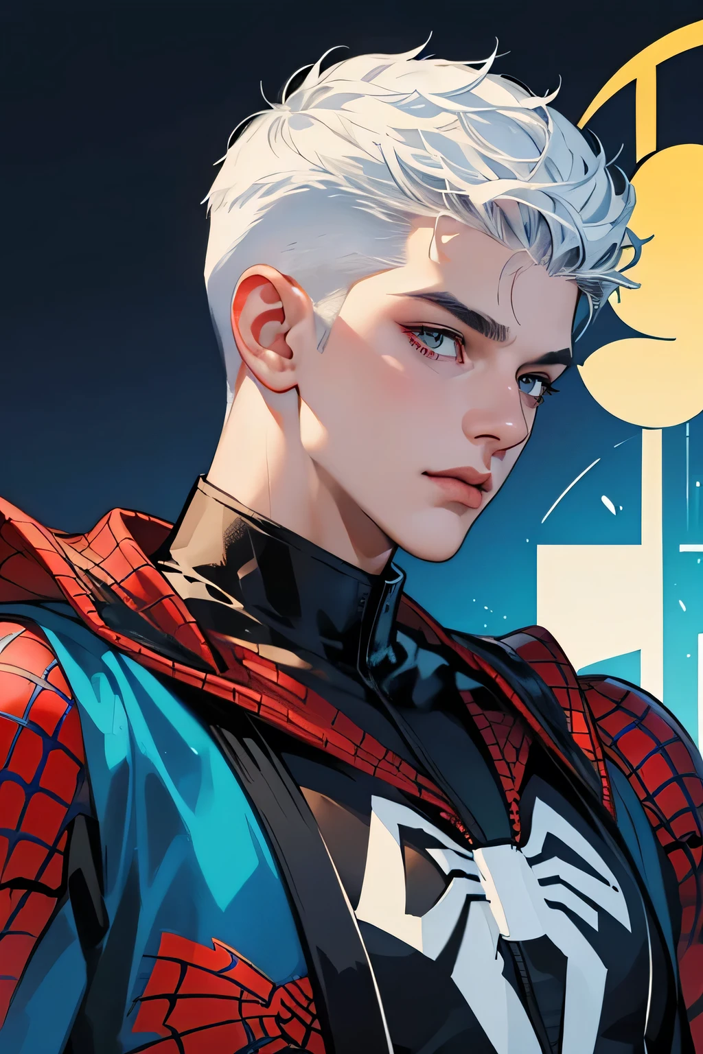 2 boy, twink, handsome, his skin is light tropical Latin, his hair is white with a graduation cut and the sides in high fade, he wears Spider-Man clothes, he has Marvel Comics stickers on his face, we can see the image of his bust and face, side profile view, but his face is turned towards the viewer.