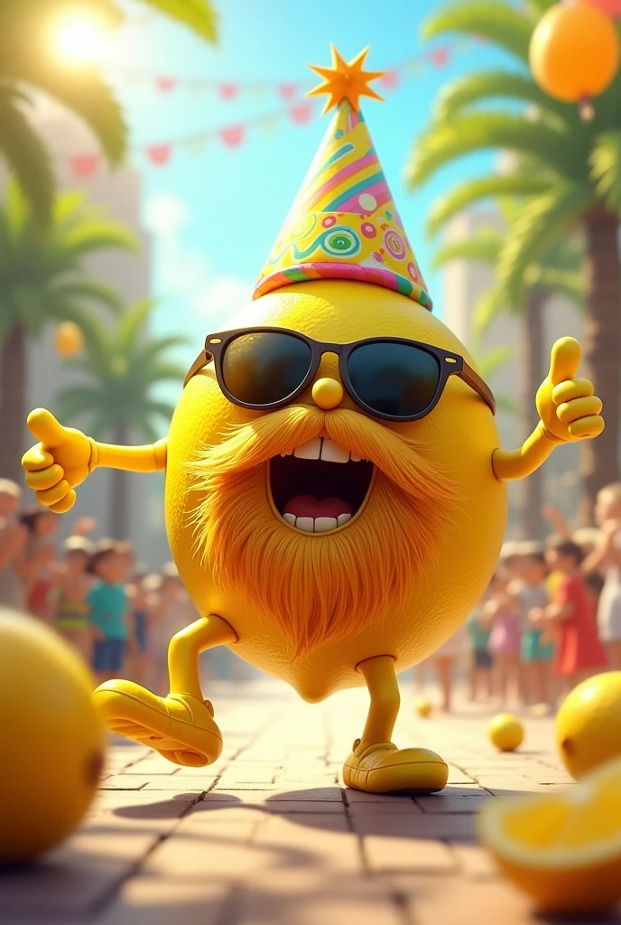 Lemon with beard dancing and singing with sunglasses and birthday hat