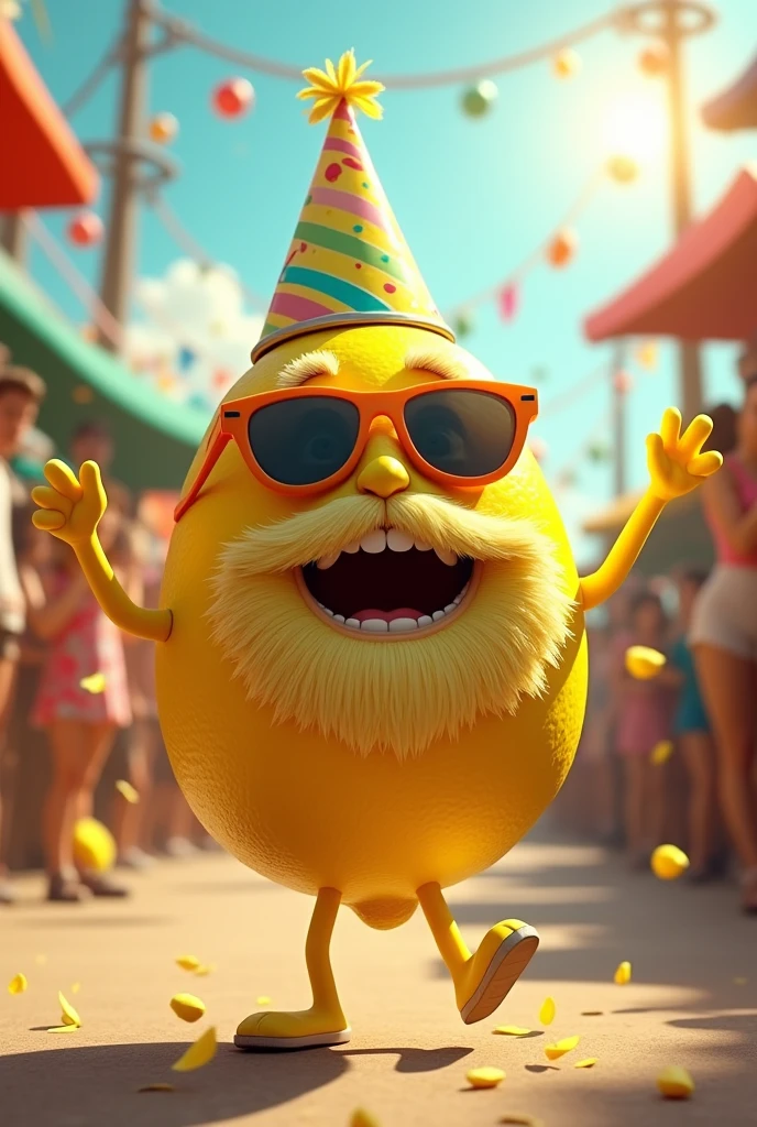 Lemon with beard dancing and singing with sunglasses and birthday hat 