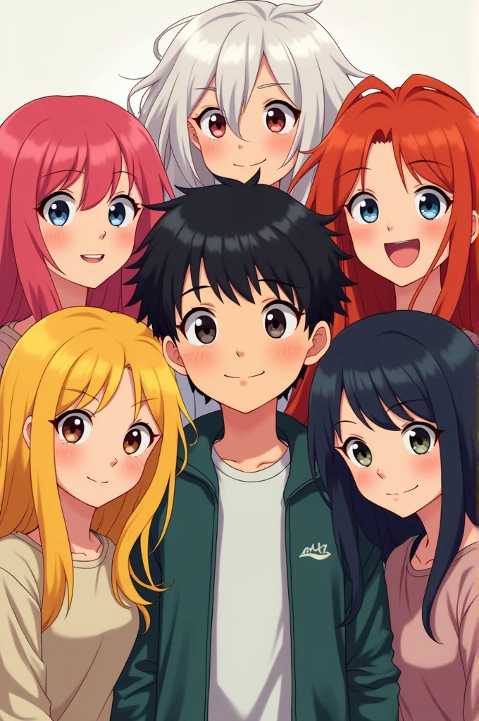A boy black hair boy with 5 girlfriend 1st have pink hair 2nd have red hair 3rd have yellow hair 4th have white hair 5th have black hair
