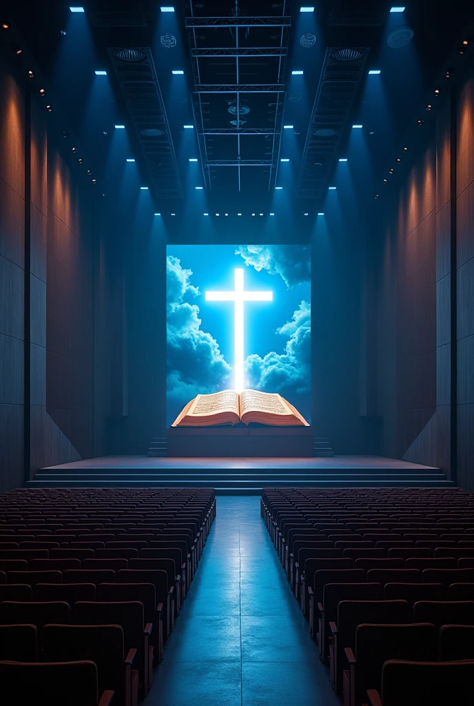 A very huge and wide rectangualar meeting hall, with many rows and Columns of chairs devided with 3 walk ways, dark blue and white light in the building,ceiling with many spot lights, A wide Huge stage at a far end, background of the stage "a full screen shoing A light shining out from a bible cross on the top of the bible and a dove on the top of the cross", t
