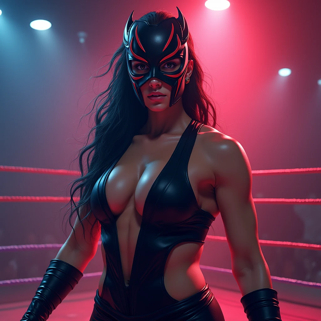 a young beautiful female masked wrestler, muscular body, tight wrestling outfit, striking dynamic pose, complex facial features, piercing eyes, detailed skin texture, dramatic lighting, cinematic composition, digital painting style, vibrant colors, neon highlights