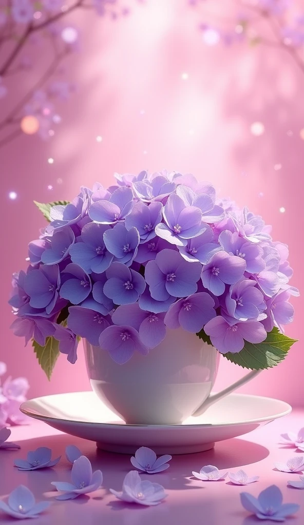 Lots of purple hydrangeas in a teacup with flowers on a fantastic sparkling pink background