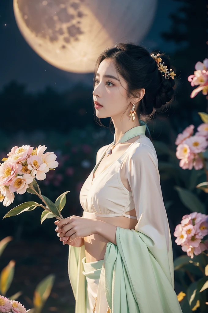 (((best quality))),(((ultra detailed))),(((masterpiece))),illustration,((1 beautiful girl,solo)),(neat chignon:1.2),((earrings,crystal necklace)),((slim,thin)),((small breasts,flat chest)),(slender legs:1.2),(stockings:1.3),(a moon in the clear night sky as the background:1.3), gentle glow,(Standing in the world full of vibrant flowers:1.3),(gorgeous hanfu:1.3),sparkling eyes,graceful,(surrounded by crowded colorful flowers:1.5), kaleidoscope, shimmer,bright moonlight, delicate petals, fragrance, otherworldly, magical realm, enchantment, tranquility, essence of beauty, peace,(outdoor:1.),(night scene:1.3),((from front,upper body))