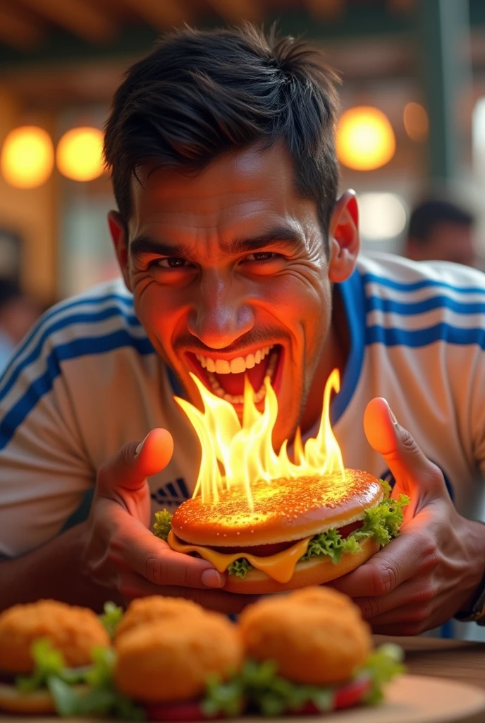 
Luis Suarez eating a burger with nuggets that is on fire and he is very happy