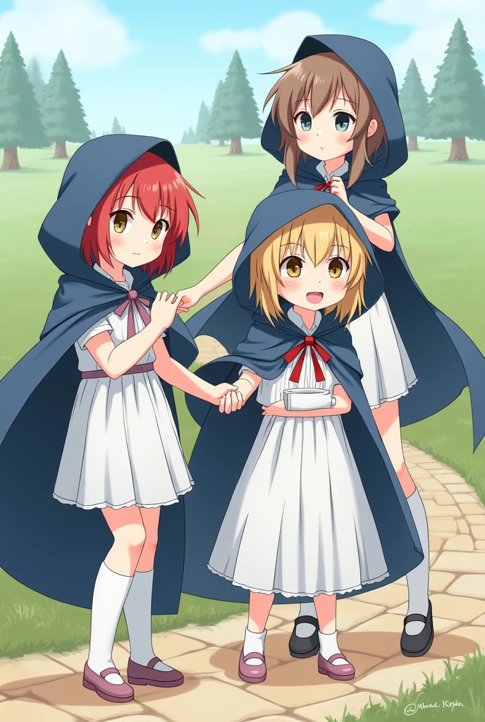 three children, a red-haired girl wearing a light blue blouse, with a white vest and a white skirt, a brown haired one wearing a light blue blouse, with a white vest and a white skirt e um loiro vestindo uma blusa azul claro, with a white vest and white pants. all with a dark blue hooded cape