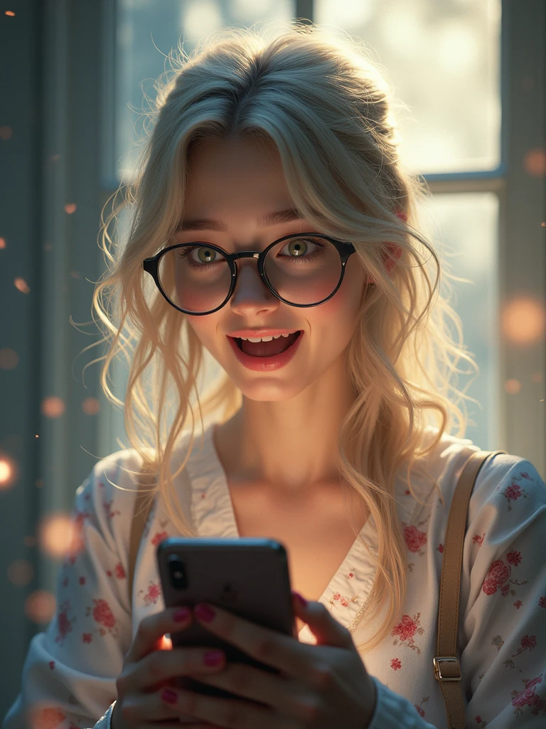 ethereal fantasy concept art Midjourney, MJ, Midjourney style, realism, cinematic quality, macro. a blonde woman with glasses looking at her phone shocked but happy