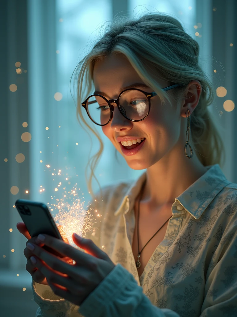 ethereal fantasy concept art Midjourney, MJ, Midjourney style, realism, cinematic quality, macro. a blonde woman with glasses looking at her phone shocked but happy
