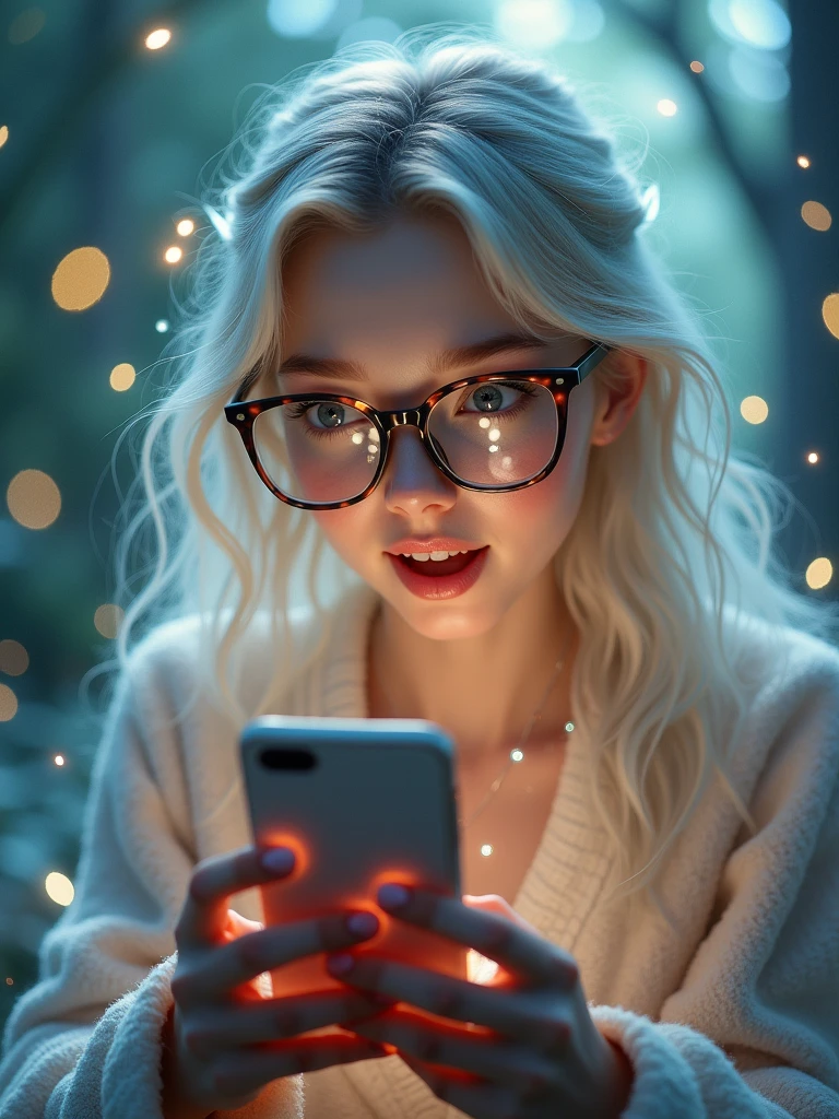 ethereal fantasy concept art Midjourney, MJ, Midjourney style, realism, cinematic quality, macro. a blonde woman with glasses looking at her phone shocked but happy