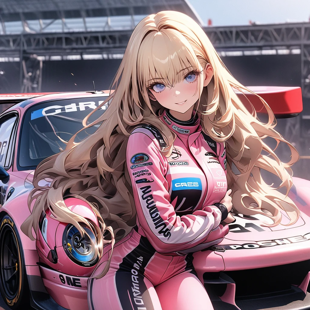 High resolution digital CG image, a beautiful futuristic girl is posing in front of a Porsche 911 ,The girl has long hair with a mixture of blonde hair and blue eye.She is wearing a pink racing suit with mecha-style decorations, and there are many sponsor logos on the suit.The pink color racing car is a Porsche 911 car ,circuit starting grid background, (holding a full face type pink helmet under her arm :1.2)、striking a cool pose next to her car.、Cybertic expression of the future, the texture of beautiful hair, the luster of skin, the beauty of eyes, the luster and texture of a racing suit, the beauty of the racing car body and mechanical expression,(master piece4k, 8k,best quality1.2)ultra detail