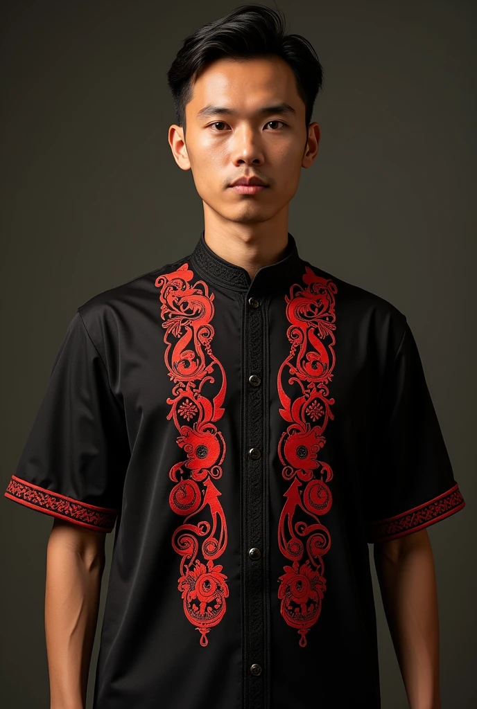 Black barong tagalog with red igorot fabric design