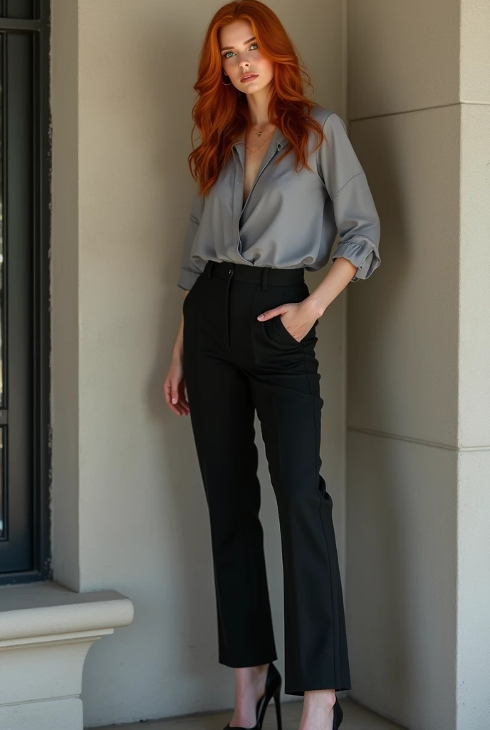 Create a beautiful redhead woman, green eyes, 28 ans, 1m68, 55kg, classy, squared hair, without cosmetic surgery. 90C chest, waist size 38. back to an exterior wall . black trouser, gray top. stiletto heel
