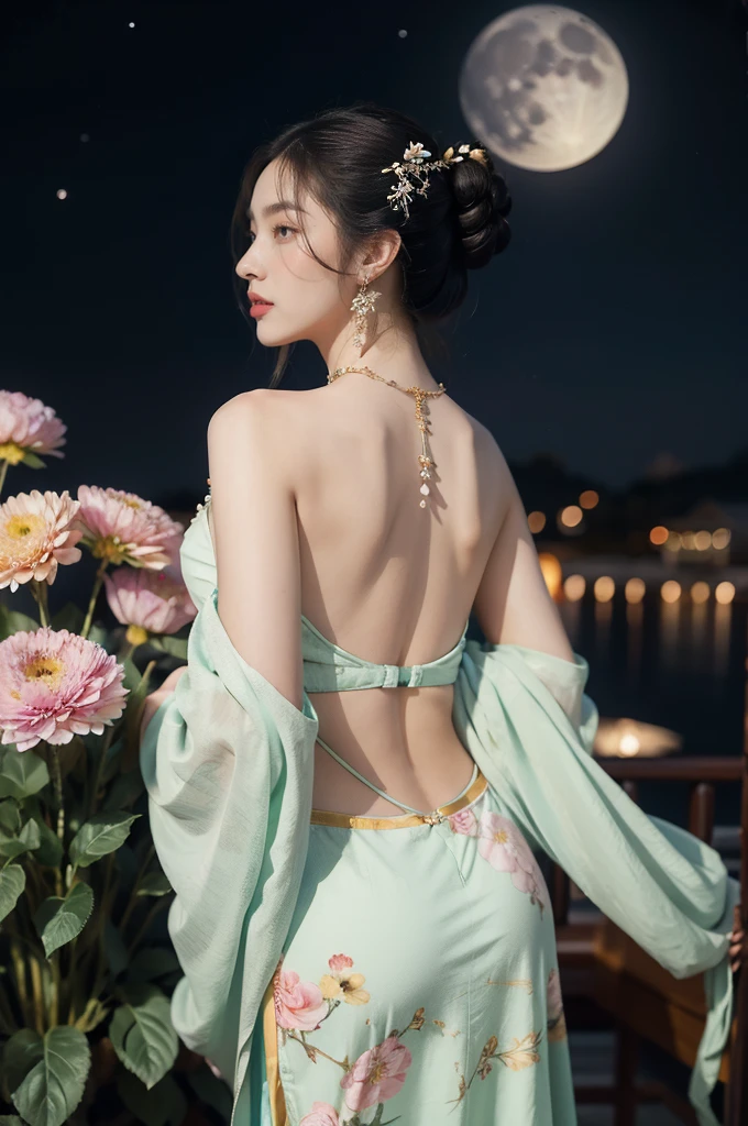 (((best quality))),(((ultra detailed))),(((masterpiece))),illustration,((1 beautiful girl,solo)),(neat chignon:1.2),((earrings,crystal necklace)),((slim,thin)),((bare back,towering hips,butt crack)),(stockings:1.3),(a moon in the clear night sky as the background:1.3), gentle glow,(Standing in the world full of vibrant flowers:1.3),(gorgeous sheer hanfu:1.3),sparkling eyes,graceful,(surrounded by crowded colorful flowers:1.5), kaleidoscope, shimmer,bright moonlight, delicate petals, fragrance, otherworldly, magical realm, enchantment, tranquility, essence of beauty, peace,(outdoor:1.),(night scene:1.3),((from back,upper body))