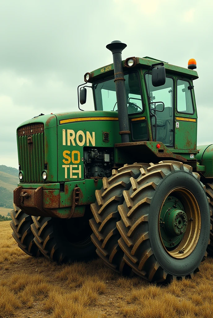 Make a green tractor, very big, written iron South