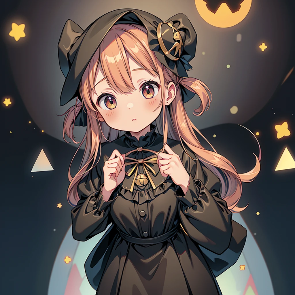 1girl,(((Perfect Anatomy、Perfect human body、Highest quality、Masterpiece、Super detailed、X Composition、S composition、Square Composition、Triangular composition、Award-winning works)))、cute、Palette of pastel colors、Trick or Treat、Pumpkin carriage、Big Wizard Hat、Black Cape、Black dress、Absurd、The fantastic world of Halloween、neon lines、Background is gold accessories、Charm、白いcuteおばけ、