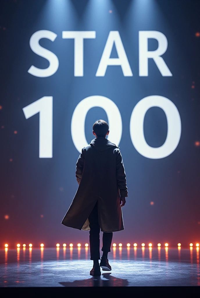 A young Man wared a coat and he is in the big stage This is star 100 group this words write on the stage wall