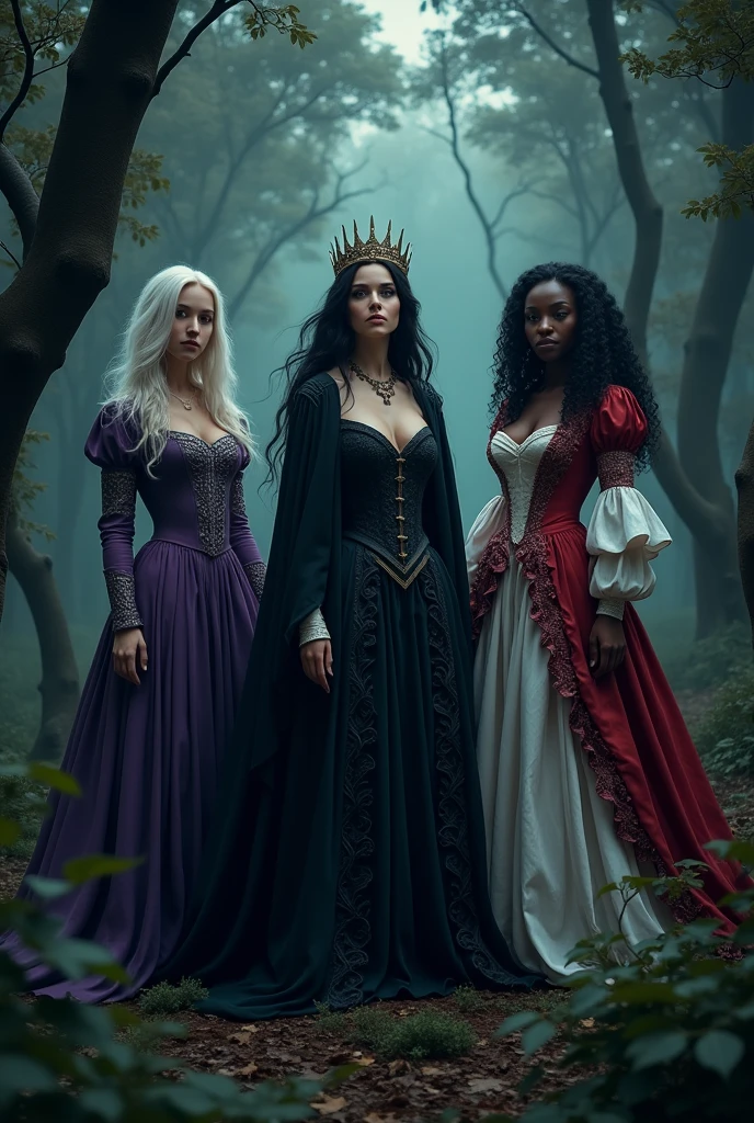 a forest at night. In the center of the image a sensual queen with white skin and long black hair, black medieval dress and crown on head. to her right, a black woman with long, curly hair wearing a frilly red and white medieval dress. On the left a white woman with grey hair and purple medieval dress