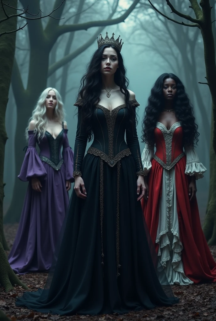 a forest at night. In the center of the image a sensual queen with white skin and long black hair, black medieval dress and crown on head. to her right, a black woman with long, curly hair wearing a frilly red and white medieval dress. On the left a white woman with grey hair and purple medieval dress