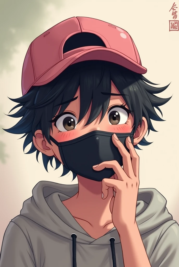 A digital illustration of a you person wearing a pink cap . They have tousled dark hair partially covering their forhead  and are wearing a black face mask. The individual is touching the mask is with their hand,looking slightly downcast. They are dressed in a light-colored hoddie,and the background features soft,bluerd colorred,suggesting a casual setting